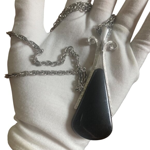 Vintage Avon Black Silver Tone Pendant Necklace Mod Mid Century Modern Statement - Picture 1 of 8